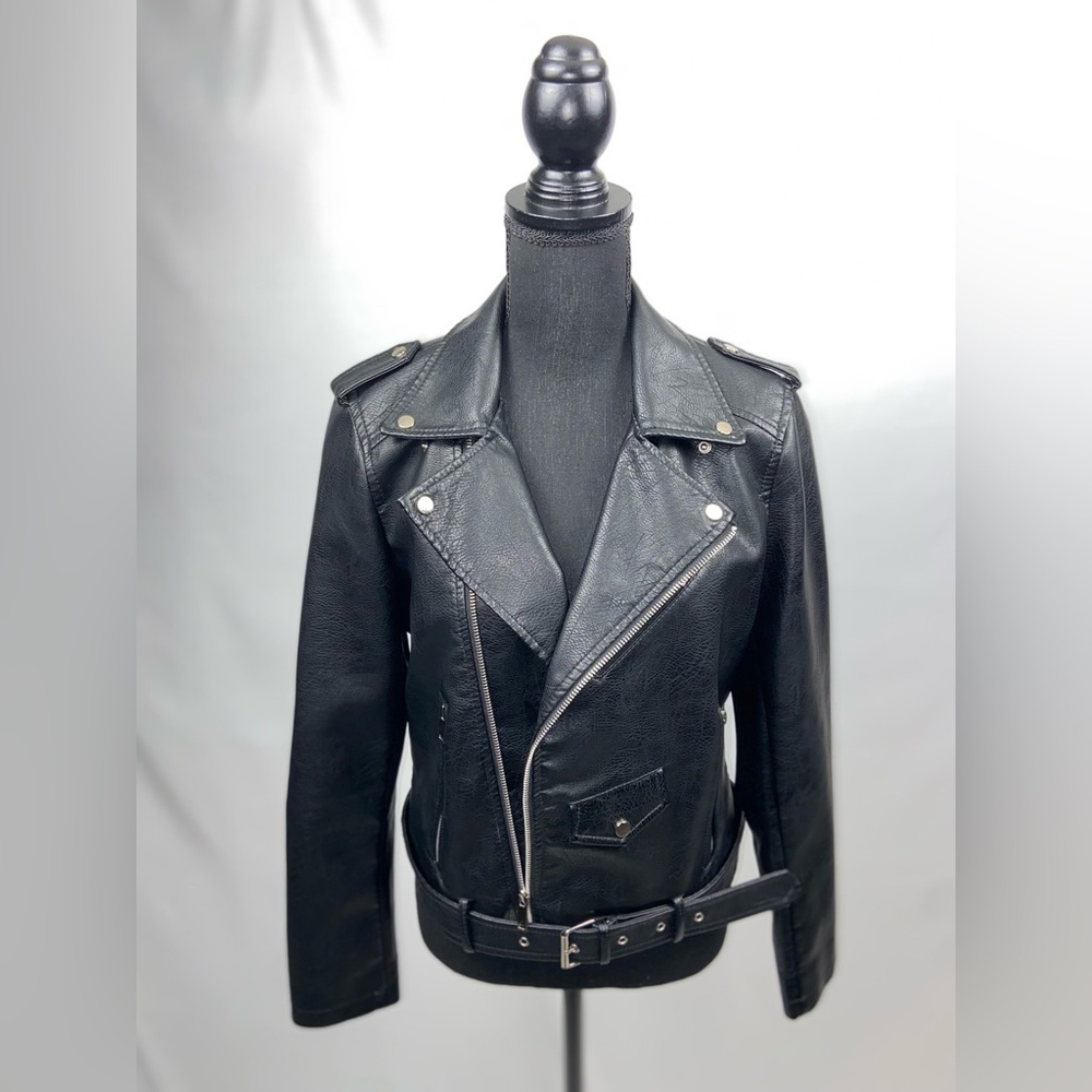 Jacket Cropped Motorcycle Coat Faux Leather Jacket Lapel Zipper Biker with Belt